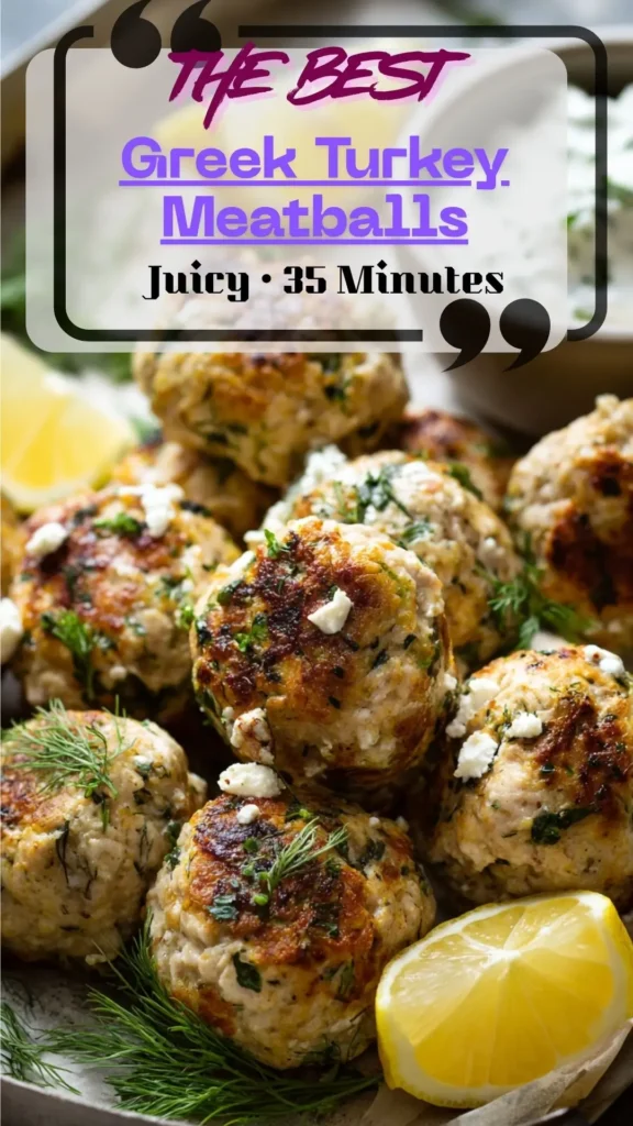 Sheet pan of Greek turkey meatballs with feta and herbs, lemon wedges on the side, parsley sprinkle; juicy, family-friendly dinner.