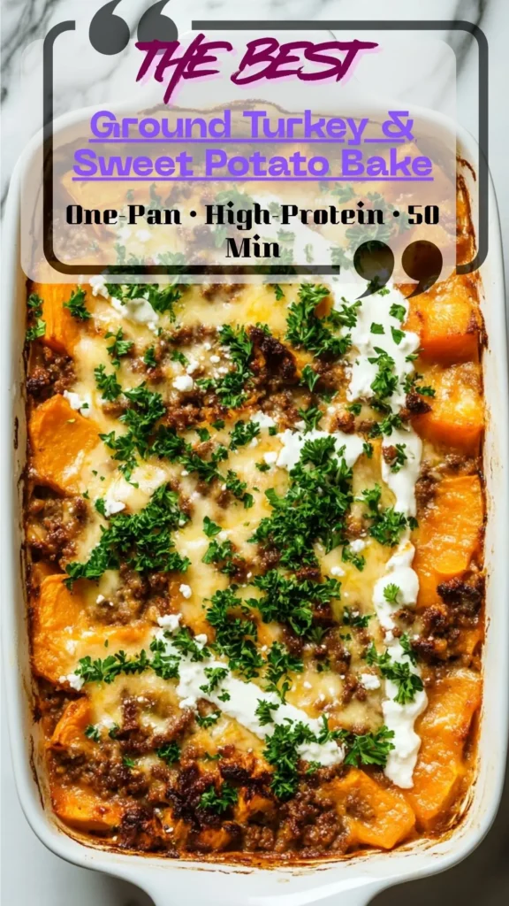 Casserole of layered sweet potatoes and ground turkey with golden edges; yogurt-lemon drizzle, parsley, and feta; one-pan healthy dinner.