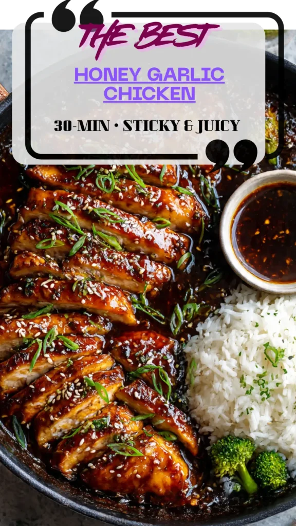 Skillet honey garlic chicken with glossy sauce, sesame and scallions over rice; tender sliced chicken breast, 30-minute dinner