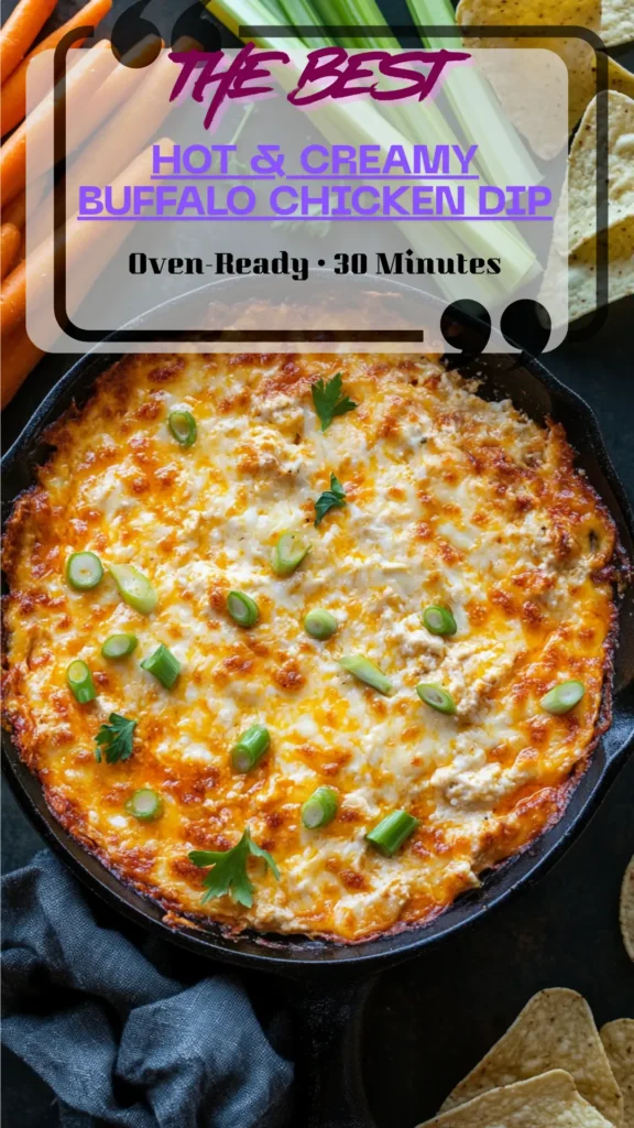 skillet of baked buffalo chicken dip, golden cheese on top, red-orange swirl, with celery, carrots, chips, and crostini for dipping.