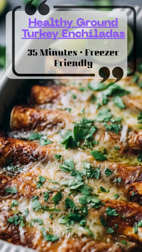 Ground turkey black bean enchiladas in a dish, melted cheese and cilantro with lime wedges; healthy weeknight dinner.