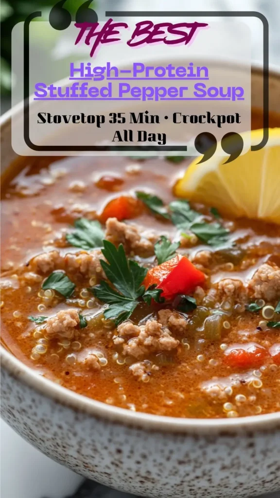 Bowl of stuffed pepper soup with ground turkey, red and green peppers, quinoa, and parsley; tomato-rich broth; lemon wedge.