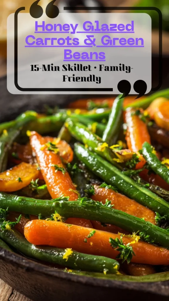 Honey-glazed green beans and carrots in a skillet, glossy and crisp-tender with lemon zest—Carrots And Beans Side Dish, Vegetable For Potluck.