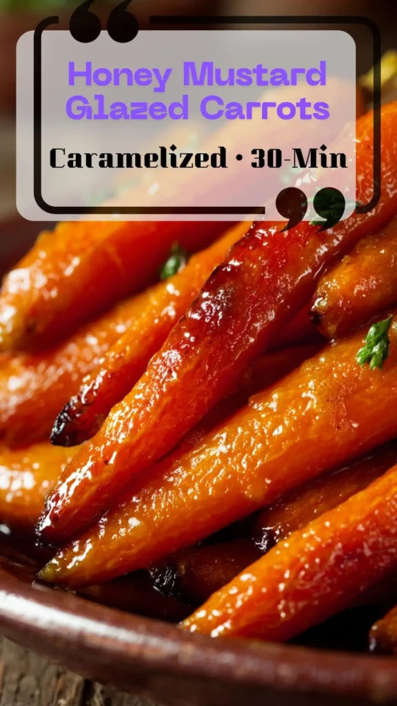 Side-angle bowl of roasted carrots with honey mustard glaze—caramelized, glossy, sweet and savory honey glazed carrots.