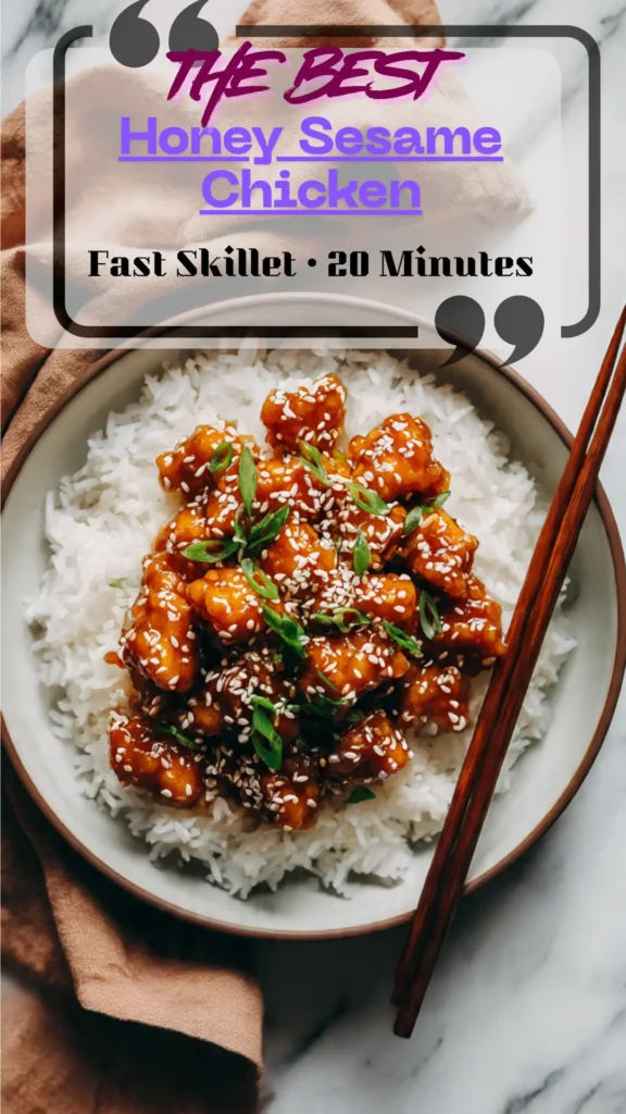 Skillet of honey sesame chicken, glossy sauce coating crisp bites, sesame seeds and green onions on top, served over steamed rice.
