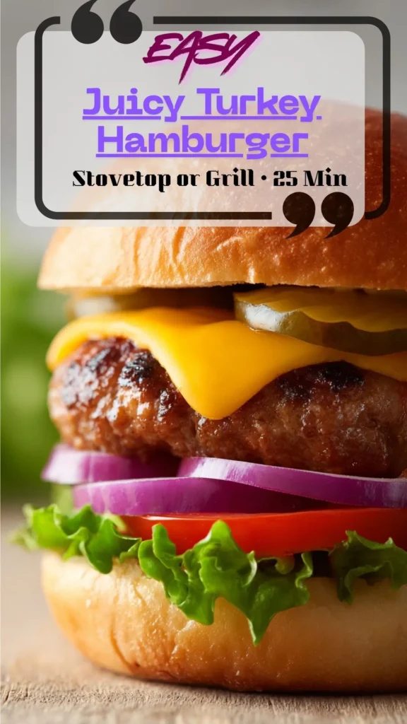 Side view turkey burger on toasted bun with lettuce, tomato, onion, pickles and melty cheddar; juicy 25-minute stovetop or grill burger.