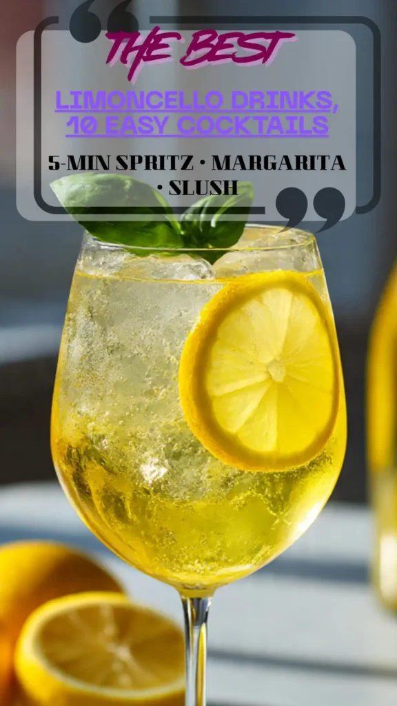 Tall limoncello spritz with lemon wheel and ice, visible bubbles, fresh basil; bright yellow drink in a stemmed glass on marble.