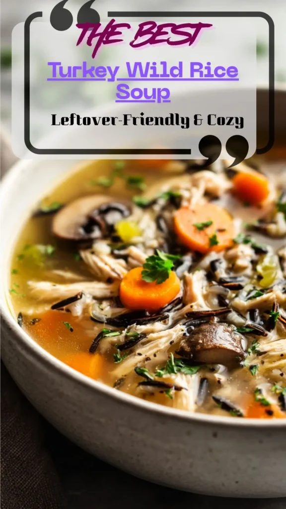 Bowl of turkey wild rice soup with shredded leftover turkey, carrots, celery, mushrooms, parsley; brothy with creamy option; reheated to 165°F.