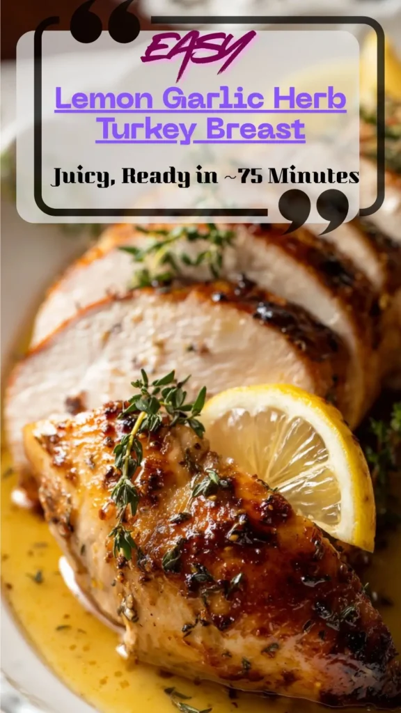 Sliced herb roasted turkey breast with golden skin on platter, lemon wedges; lemon garlic glaze, oven roasted to 165°F.
