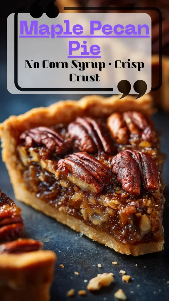 Side-angle slice of maple pecan pie, glossy filling in crisp crust—Maple Pecan Pie, Pecan Pie Desserts.