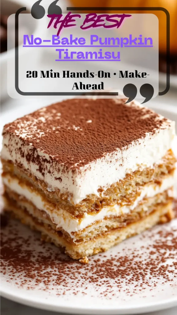 Slice of pumpkin tiramisu with cocoa dusting, visible creamy pumpkin layers and coffee-soaked ladyfingers, clean edges on a white plate, fall dessert scene.