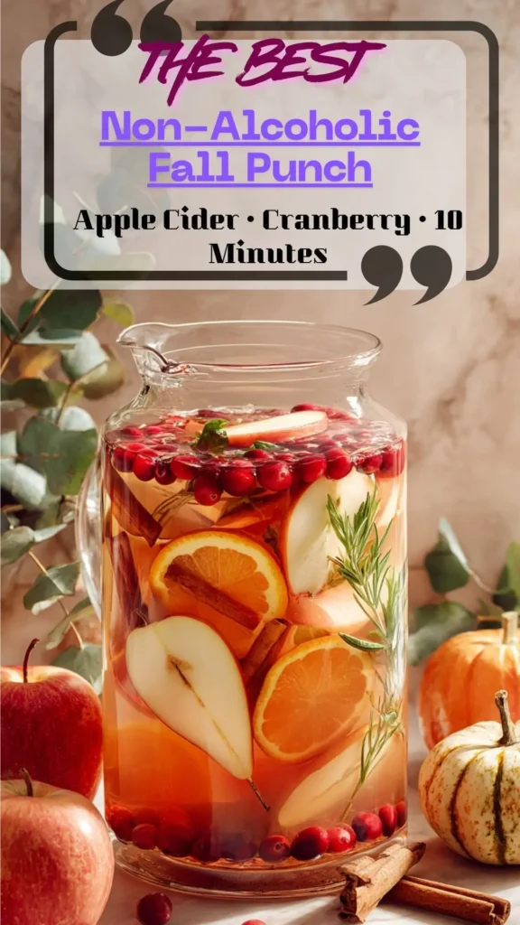 Pitcher of apple-cranberry fall punch with orange slices, cinnamon sticks, and cranberries; sparkling non-alcoholic Thanksgiving drink.