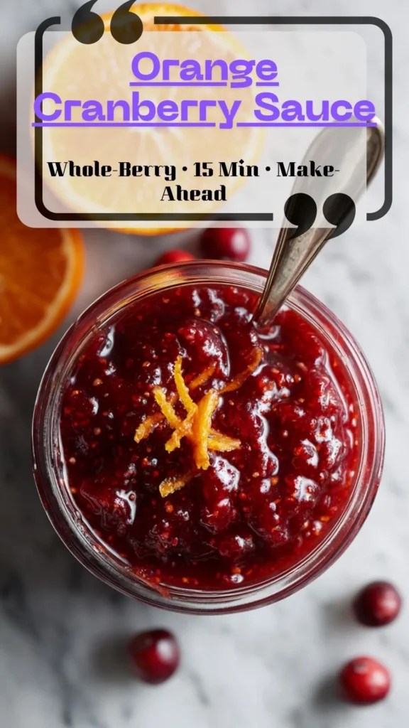 Overhead jar of orange cranberry sauce with zest—Homemade Cranberry Sauce Thanksgiving, Whole Cranberry Sauce.