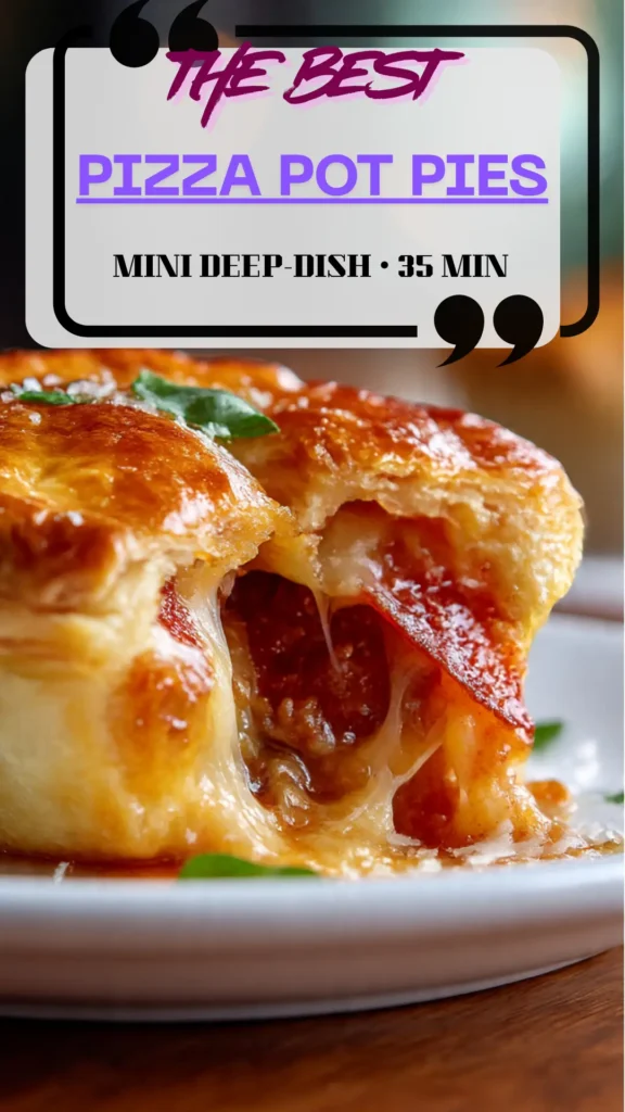 Side view pizza pot pie cracked open: stretchy mozzarella, pepperoni and mushrooms inside; golden crust dome on top.