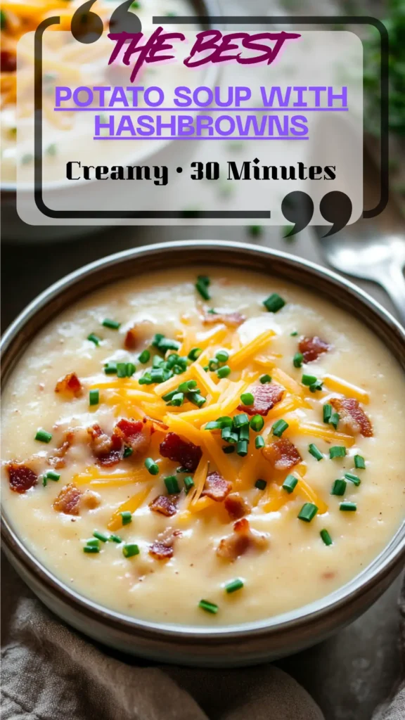 Overhead bowl of creamy hashbrown potato soup; diced potatoes, cheddar, bacon, and chives; silky chowder texture in a white bowl.
