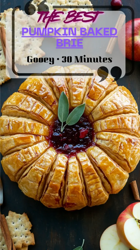 Pumpkin-shaped puff pastry baked brie, golden with visible ridges, cinnamon-stick stem; cranberry jam oozing; crackers, apples, and sage on board.