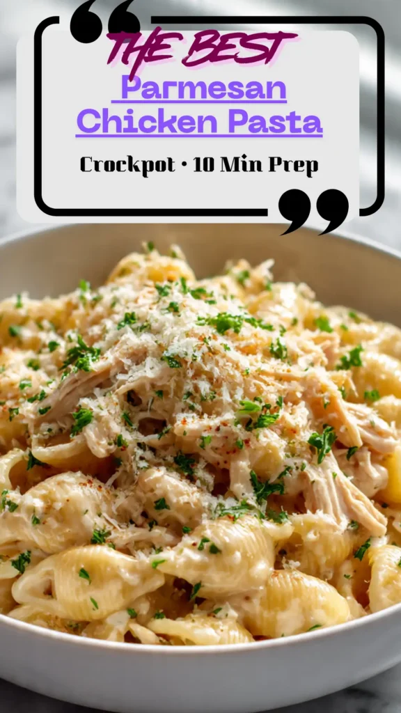 A bowl of creamy Parmesan chicken pasta with shredded chicken, shells, and parsley; glossy garlic-Parmesan sauce; cozy slow-cooker dinner.