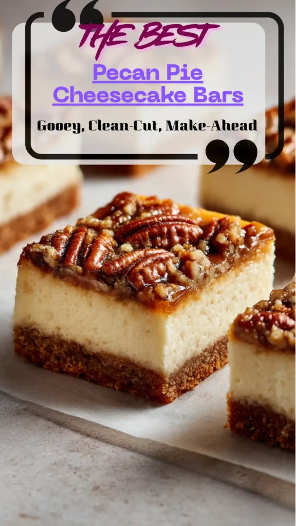 side view photo of pecan pie cheesecake bars cut into neat squares; glossy pecans, creamy cheesecake layer, and golden crust on parchment board.