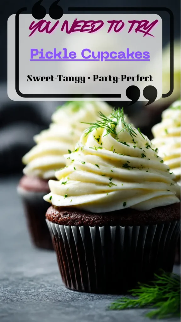 Close-up of Pickle Cupcakes with dill-flecked cream cheese frosting on stone; Funny Cupcakes, Savory Cupcakes look.