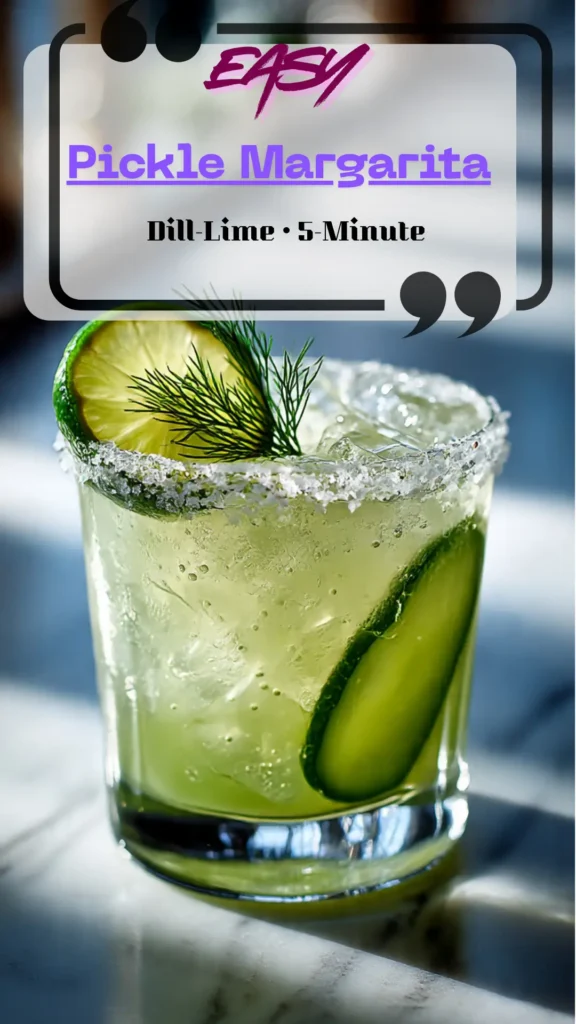 Rocks glass with pickle margarita, dill-chile salt rim, lime wheel, dill sprig; clear ice, bright green hue; minimalist bar scene, top-down.