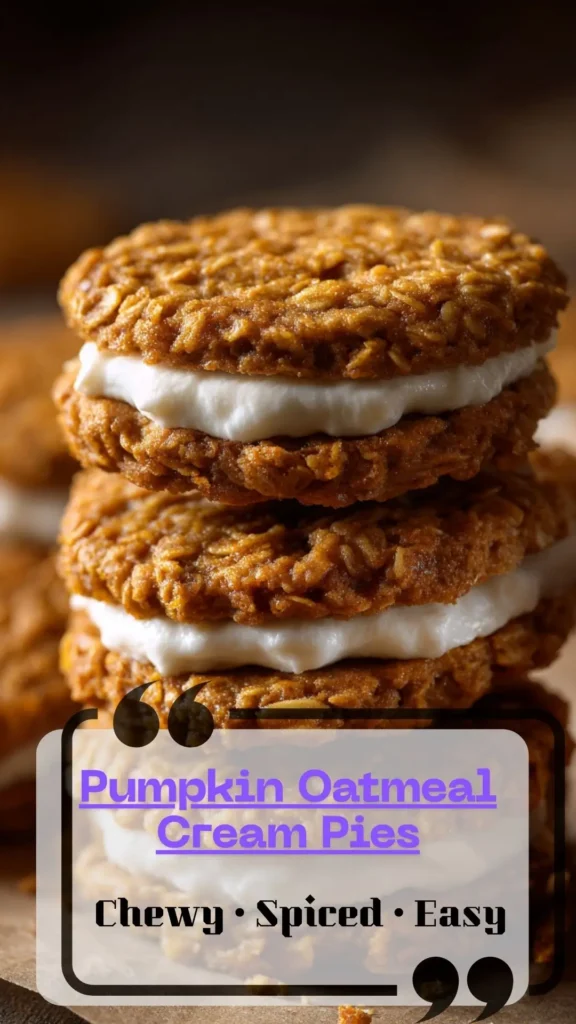 Stack of pumpkin oatmeal cream pies—oat cookies with vanilla filling; Pumpkin Inspired Desserts, Pumpkin Cream Pie Cookies.