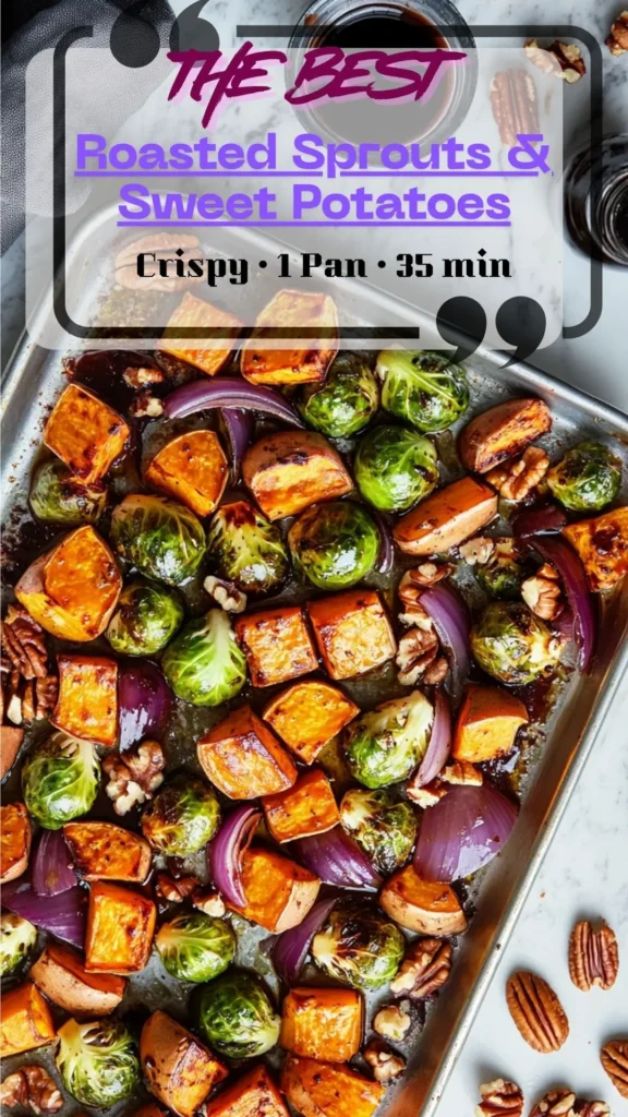 Sheet pan of roasted Brussels sprouts and sweet potato cubes with red onion; caramelized edges, maple-balsamic gloss, fresh herbs.
