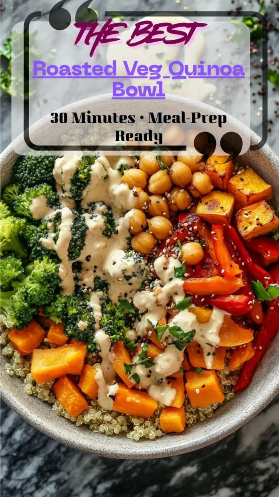 Bowl of quinoa topped with roasted sweet potato, broccoli, peppers, and chickpeas, drizzled with lemon-tahini; fresh herbs.