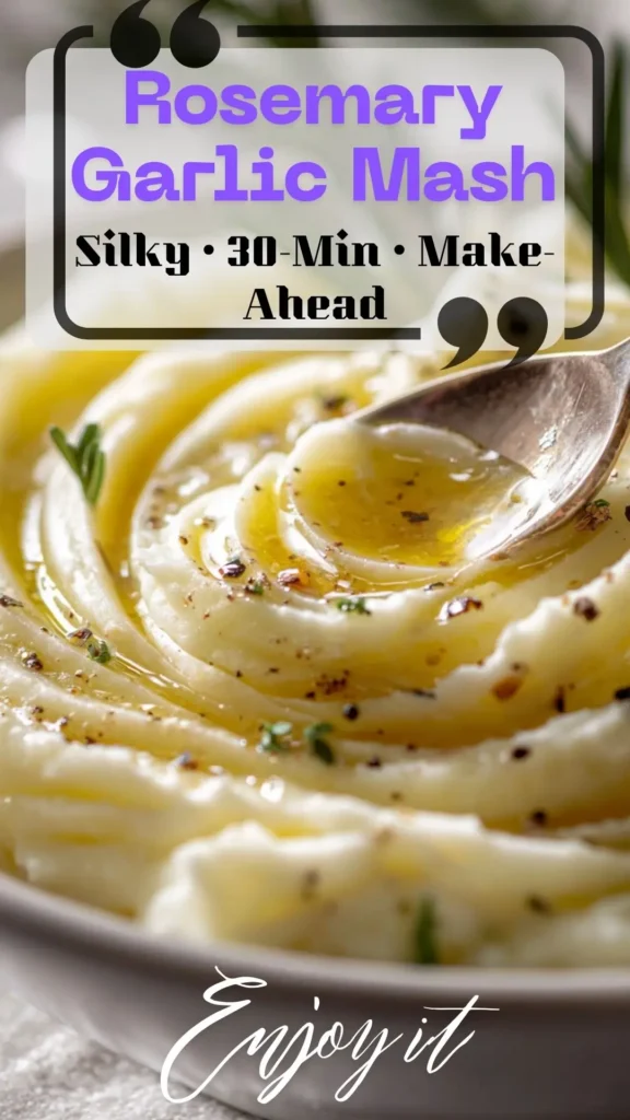Side view of creamy rosemary-garlic mashed potatoes with butter—Thanksgiving Sides Potatoes, Mashed Potato Thanksgiving.