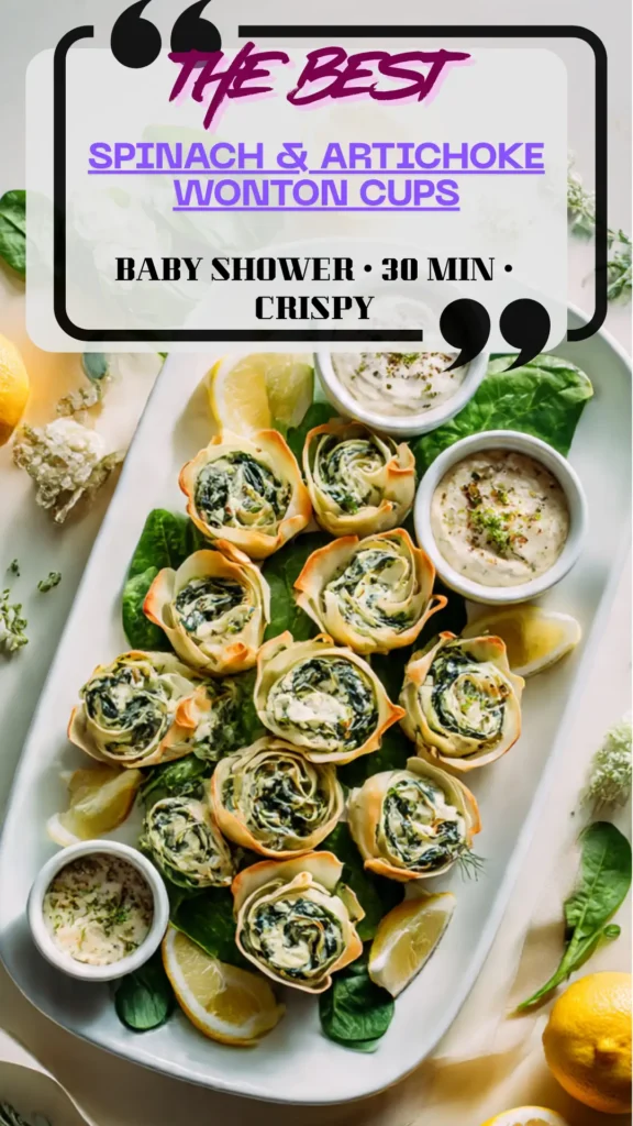 Overhead platter of spinach & artichoke wonton cups with golden edges, lemon wedges and dips; baby-shower finger-food party platter, crisp baked cups.