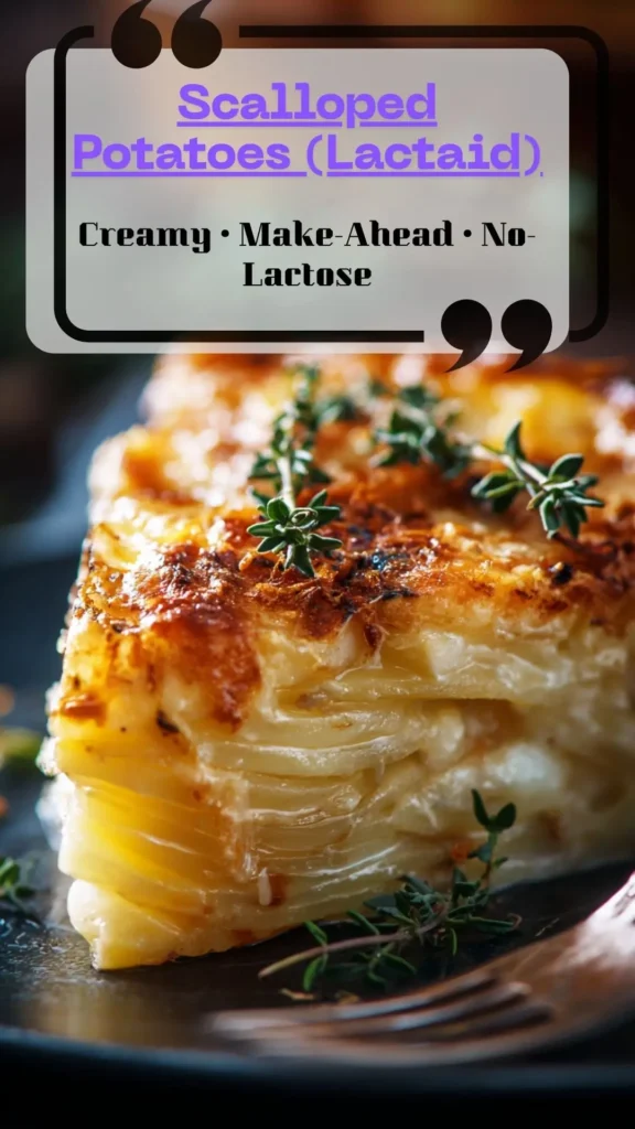 Creamy scalloped potatoes made with Lactaid milk, golden-browned layers and thyme on a plate—make-ahead Thanksgiving dinner side.