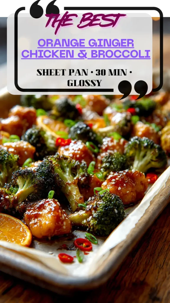 Side view sheet pan orange–ginger chicken and broccoli in glossy chili-honey glaze; sesame and scallions; 30-minute dinner.