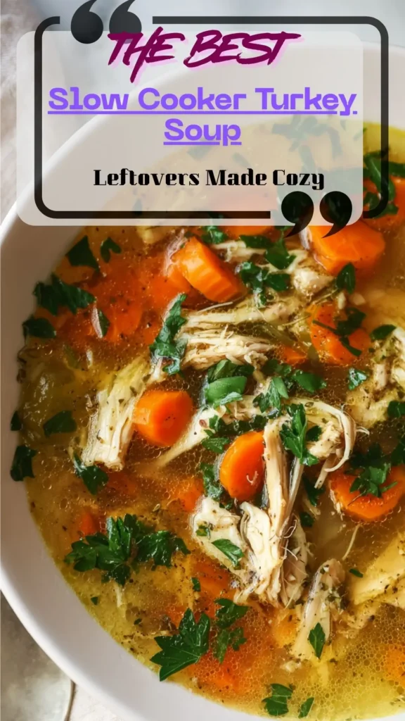 Bowl of slow cooker turkey soup with shredded leftover turkey, carrots, celery and herbs; crockpot, reheated to 165°F.