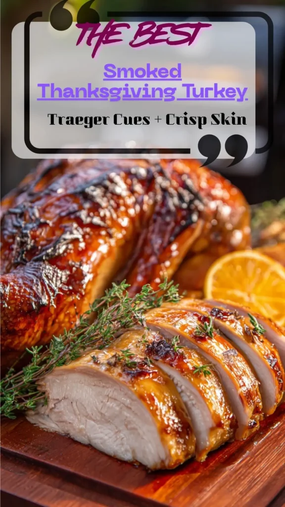 Carved smoked turkey on board with golden crisp skin, breast slices and dark meat; Traeger pellet grill method; breast rested to 165°F.