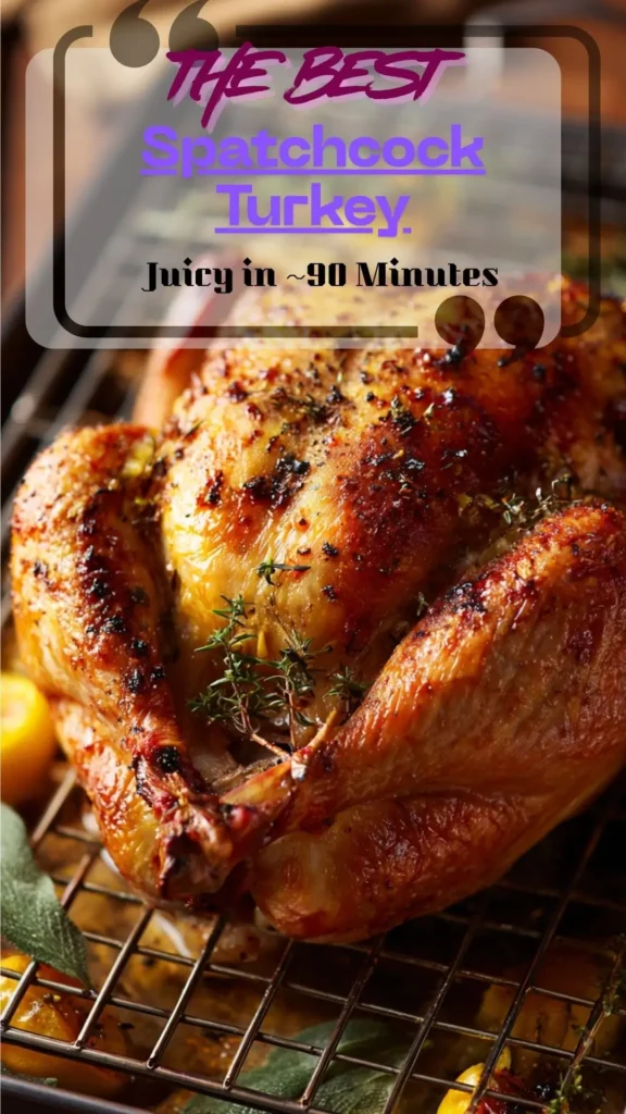Overhead spatchcock turkey with golden crisp skin on a rack over aromatics; carved slices show juicy breast at 165°F and thigh at 175°F, holiday platter.