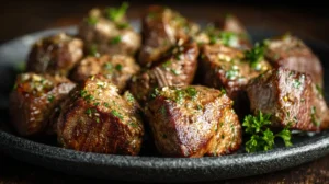 Juicy steak nuggets (air fryer or skillet) with garlic butter and parsley on a rustic plate.