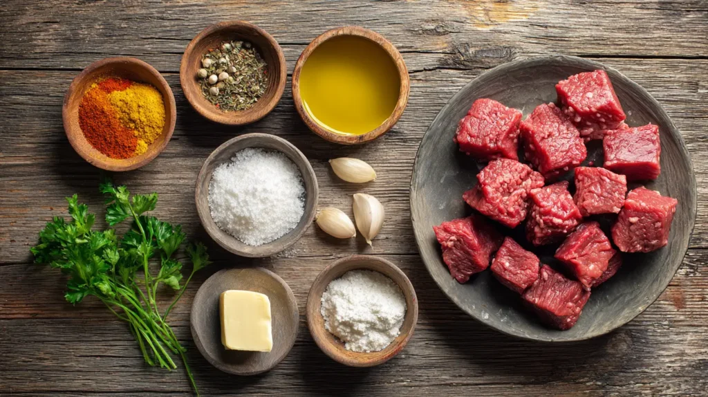 Ingredients for steak nuggets including sirloin cubes, spices, garlic, butter, and parsley on a rustic wooden table.