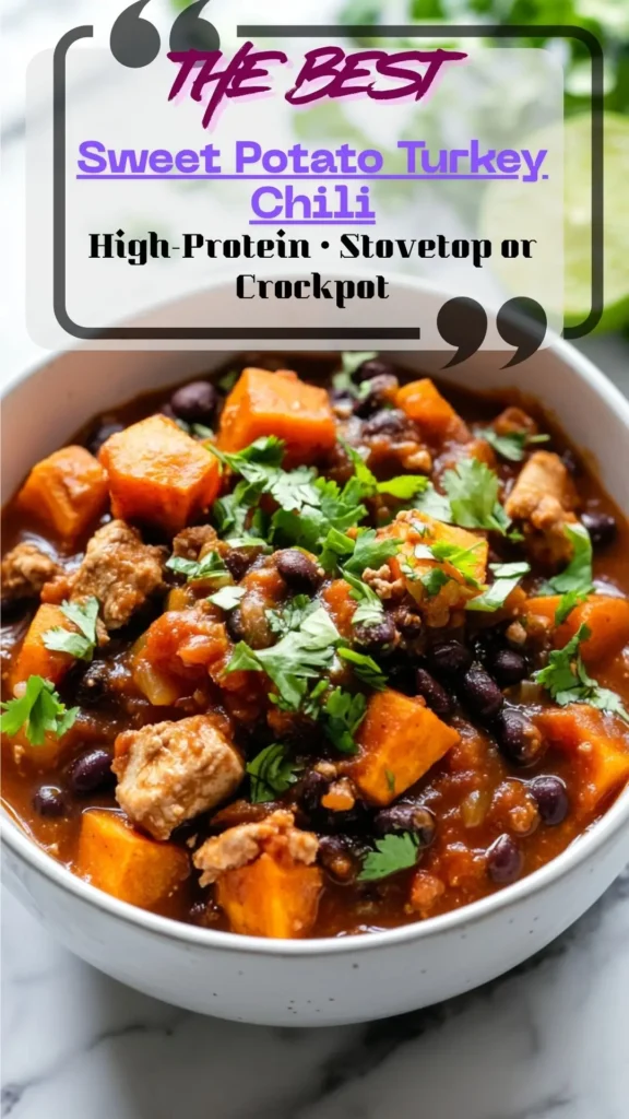 Bowl of sweet potato turkey chili with black beans, cilantro, and lime; tomato-rich broth, tender sweet potato cubes; cozy fall dinner.