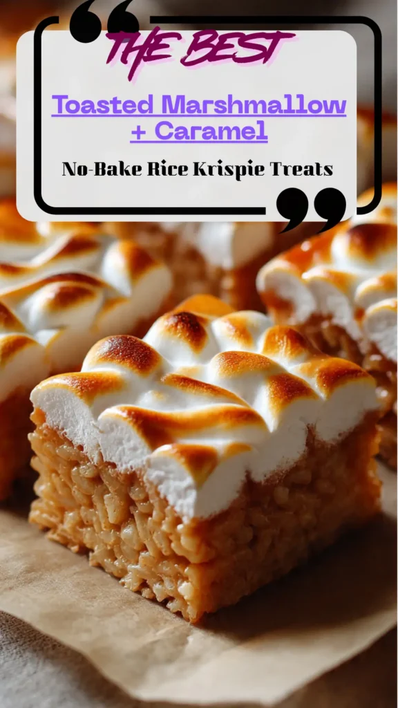 Overhead 9×13 pan of rice krispie treats with caramel ribbons, broiled toasted marshmallow topping, neat square cuts, light chocolate drizzle on parchment.