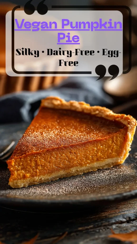 Side view slice of vegan pumpkin pie, golden crust and silky filling—Vegan Pie Recipes, Dairy Free Egg Free Pumpkin Pie.