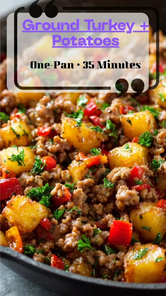 Skillet of ground turkey with crispy diced potatoes, peppers, and onions; glossy glaze, parsley on top; healthy 35-minute dinner.
