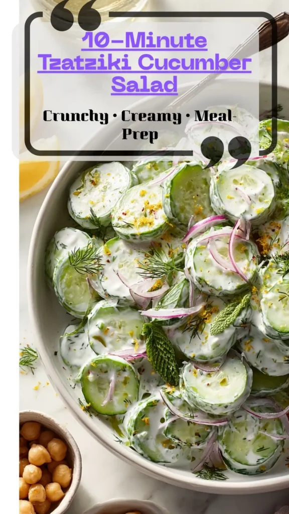 Overhead tzatziki cucumber salad with dill and creamy yogurt; lemon zest top; healthy lunch snacks, healthy meal prep.