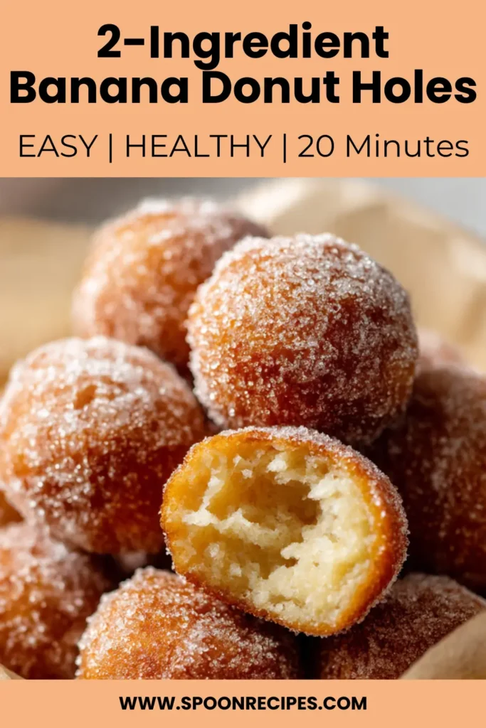 Side view pile of banana donut holes—lightly golden, sugar-dusted, fluffy interior; warm baked snack made with bananas + self-rising flour.