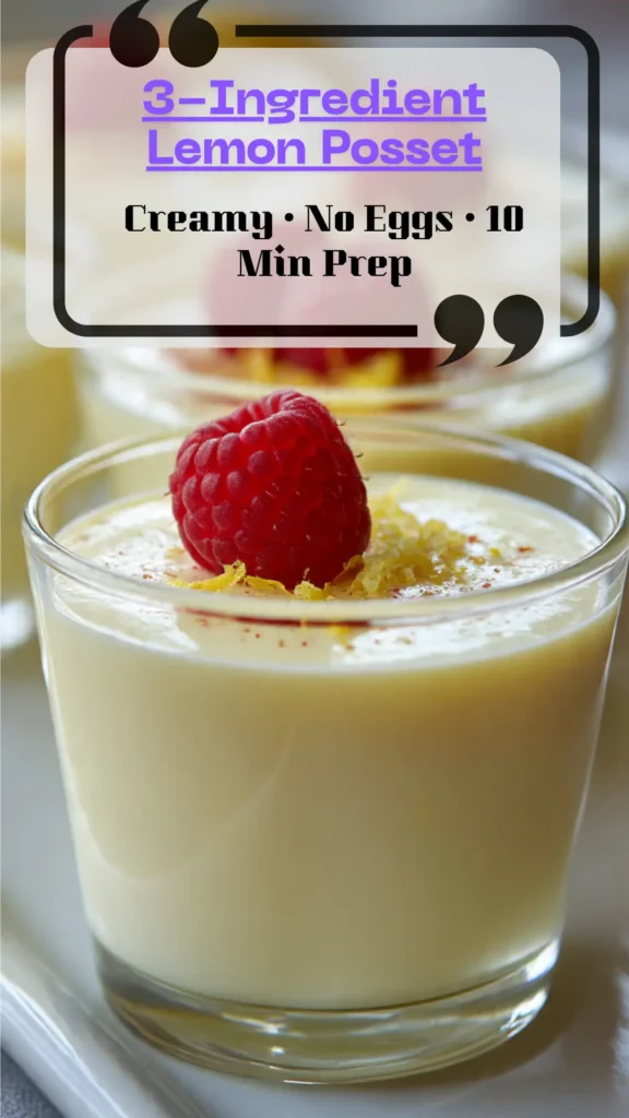 Side view lemon posset in small glass cups—silky set, glossy top, lemon zest and berries; elegant no-egg lemon dessert, chilled and ready.