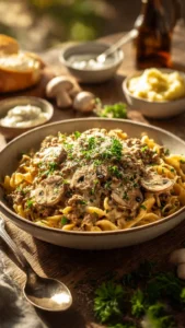 Delicious plate of 30-Minute Ground Beef Stroganoff topped with herbs