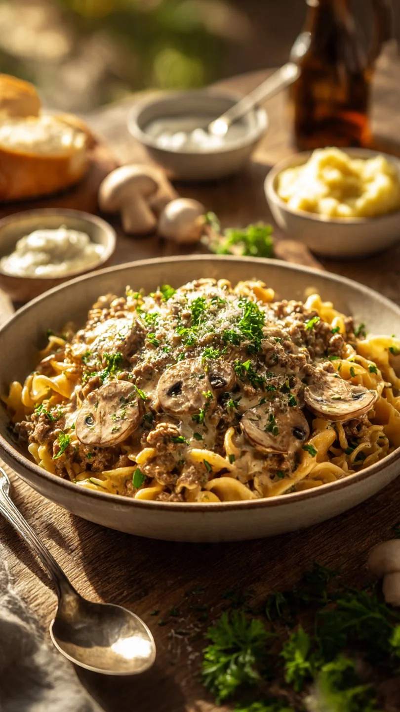 Delicious plate of 30-Minute Ground Beef Stroganoff topped with herbs