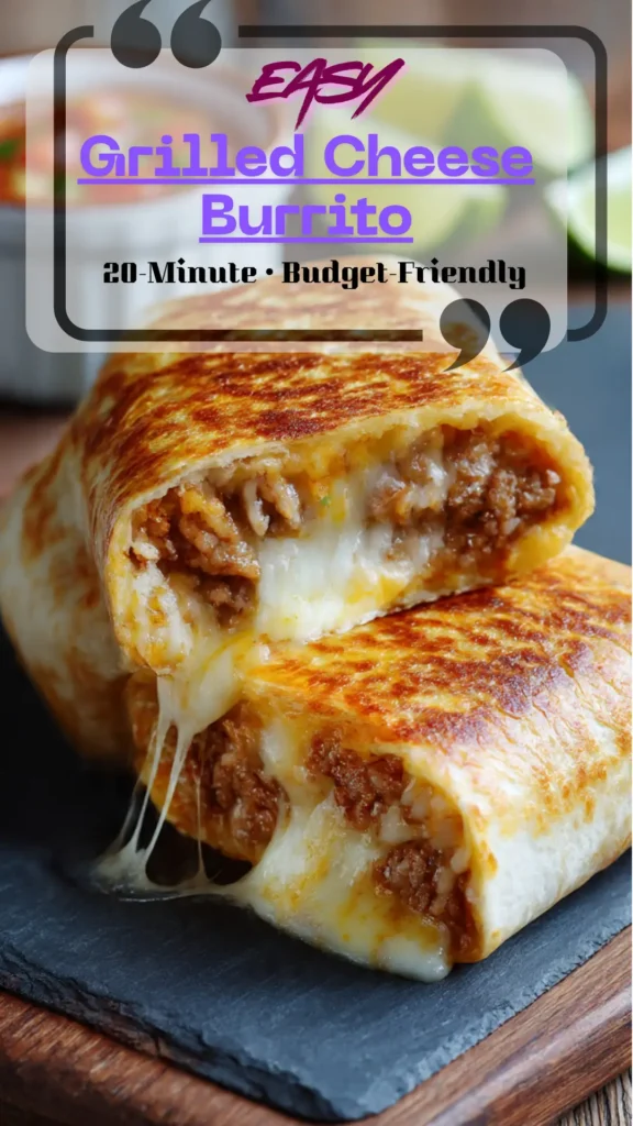 Close-up grilled cheese burrito sliced open: cheesy beef, beans, and rice wrapped in a golden cheese crust; lime and salsa sides.