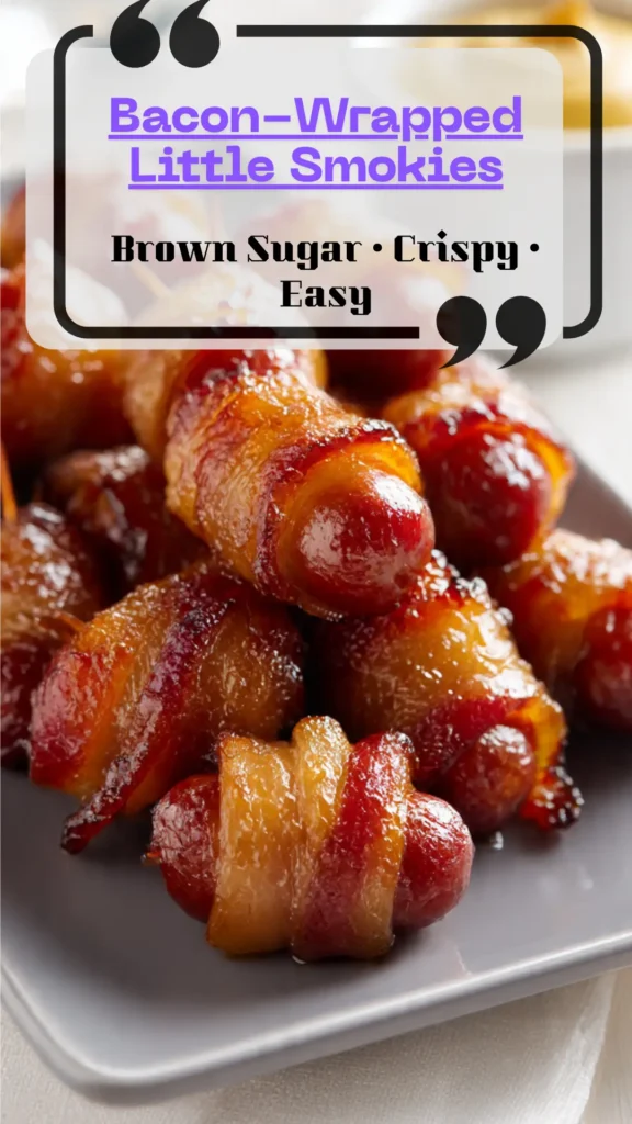 Side view platter of bacon-wrapped little smokies with caramelized brown-sugar glaze; crisp bacon edges, toothpicks for serving—party appetizer.