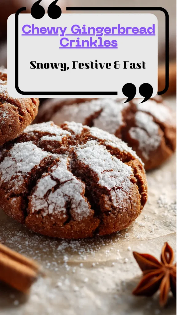 tray of gingerbread crinkle cookies dusted with powdered sugar—bold cracks, chewy centers, crisp rims; warm holiday spices visible as fine flecks.