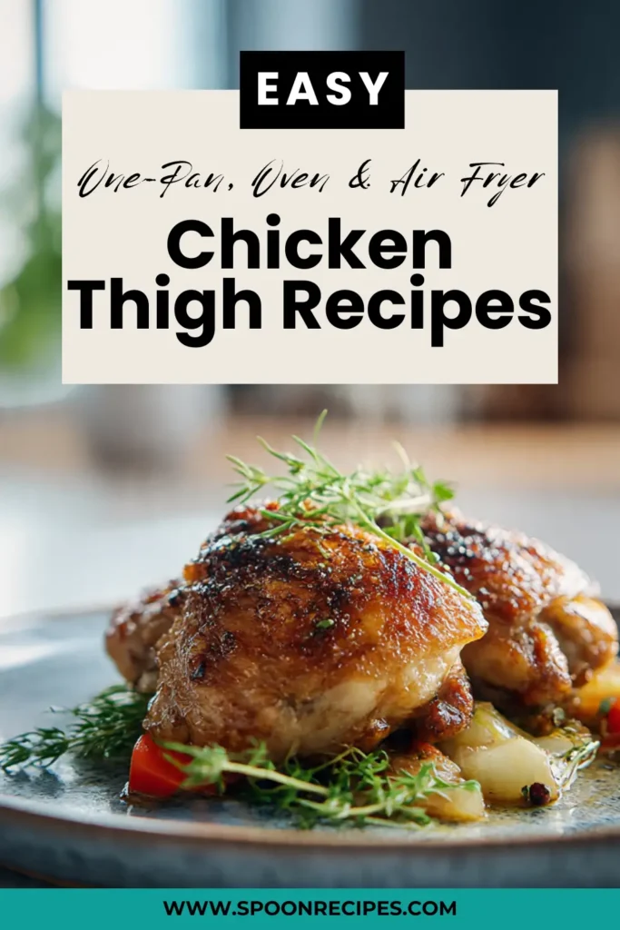 Golden chicken thighs; potatoes and green beans—one-pan skillet dinner. Boneless or bone-in; oven or air fryer.
