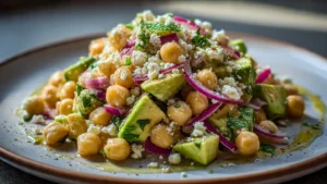Chickpea Feta Avocado Salad served in a bowl with fresh ingredients.